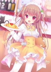 Rule 34 | 1girl, amashiro natsuki, bad id, bad pixiv id, bottle, bow, brown hair, cat, fang, food, heart, highres, juliet sleeves, long hair, long sleeves, looking at viewer, maid, maid cafe, maid headdress, meme attire, moe2016, omelet, omurice, open mouth, original, pink eyes, plate, puffy sleeves, shirt, skirt, smile, solo, stuffed animal, stuffed cat, stuffed toy, teddy bear, thighhighs, two side up, very long hair, virgin killer outfit, white thighhighs, wine bottle, zettai ryouiki