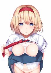 Rule 34 | &gt;:), 1girl, alice margatroid, amisu, blank eyes, blonde hair, blue eyes, blush, bow, bow panties, breasts, closed mouth, clothes lift, frilled sleeves, frills, groin, hairband, lifted by self, looking at viewer, looking back, medium hair, medium skirt, navel, nipples, no panties, open clothes, open shirt, out-of-frame censoring, panties, panties on breasts, red hairband, red neckwear, shiny skin, shirt, short hair, short sleeves, simple background, skirt, skirt lift, small breasts, smug, solo, touhou, underwear, upper body, v-shaped eyebrows, white background, white bow, white panties, white shirt