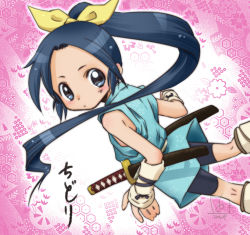 Rule 34 | 1girl, black hair, blue eyes, blush, bow, chidori (nobunaga no shinobi), from behind, hair bow, katana, large bow, long hair, looking back, ninja, nobunaga no shinobi, ponytail, sword, weapon