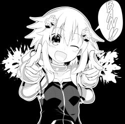 Rule 34 | 1girl, ;d, blush, choker, collarbone, commentary request, d-pad, d-pad hair ornament, double finger gun, finger gun, greyscale, hair between eyes, hair ornament, highres, hood, hooded jacket, jacket, kurozero, looking at viewer, monochrome, neptune (neptunia), neptune (series), one eye closed, open mouth, pointing, pointing at viewer, short hair, smile, solo, upper body