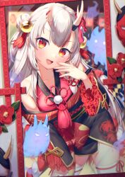 Rule 34 | 1girl, bare shoulders, bell, black kimono, blush, commentary request, double bun, fang, frilled sleeves, frills, ghost, gold trim, gradient eyes, gradient hair, grey hair, hair bell, hair bun, hair ornament, hand on own leg, hand up, head tilt, highres, hololive, horns, japanese clothes, jingle bell, katana, kimono, kirisaki shuusei, kouhaku nawa, long hair, long sleeves, looking at viewer, mask, mask on head, mirror, multicolored eyes, multicolored hair, nakiri ayame, nakiri ayame (1st costume), off shoulder, okobo, oni, oni mask, open mouth, red eyes, red footwear, red hair, reflection, rope, sandals, sheath, sheathed, shimenawa, short kimono, skin-covered horns, smile, solo, streaked hair, sword, tabi, tassel, tassel hair ornament, thighhighs, two side up, virtual youtuber, watermark, weapon, white hair, white thighhighs, wide sleeves, yellow eyes