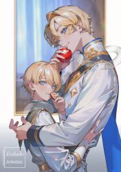Rule 34 | 2boys, absurdres, aged down, alternate costume, animal, animal around neck, apple, apple slice, artist name, black sailor collar, black sash, blonde hair, blue cape, blue eyes, blurry, blurry background, blush, cape, character name, child, closed mouth, commentary, dual persona, english commentary, food, from side, fruit, gold trim, hair between eyes, hair intakes, hand on another&#039;s hip, highres, holding, holding food, holding fruit, holostars, jacket, kishido temma, lapels, looking at viewer, looking to the side, male focus, multiple boys, parted lips, red apple, sailor collar, sash, shawl lapels, shirt, short hair, simple background, sleeve cuffs, smile, snake, standing, upper body, virtual youtuber, white background, white jacket, white shirt, yunnies