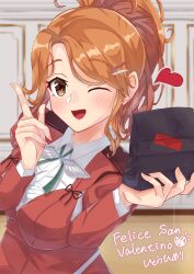 Rule 34 | 1girl, ;d, absurdres, aquila (kancolle), artist name, bag, black bag, brown eyes, collared shirt, come2traveling, commentary request, green ribbon, hair ornament, hairclip, heart, high ponytail, highres, holding, holding bag, index finger raised, italian text, jacket, kantai collection, long hair, looking at viewer, neck ribbon, one eye closed, open mouth, orange hair, red jacket, ribbon, shirt, smile, solo, valentine, wavy hair, white shirt