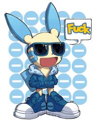 Rule 34 | :d, absurdres, artist name, balancetheball, blue-framed eyewear, blue footwear, commentary, creatures (company), drawstring, drip (meme), english commentary, fur-trimmed jacket, fur trim, game freak, gen 3 pokemon, hands in pockets, highres, hood, hooded jacket, jacket, meme, minun, minus sign, nintendo, no humans, open mouth, pokemon, pokemon (creature), profanity, shoes, simple background, smile, sneakers, speech bubble, standing, sunglasses, white background