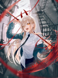 Rule 34 | 1girl, :d, absurdres, bird, black jacket, black necktie, black pants, blood, chainsaw man, collared shirt, crow, fangs, formal, highres, holding, holding scythe, holding weapon, horns, jacket, long hair, long sleeves, looking at viewer, necktie, open mouth, orange eyes, orange hair, outdoors, pants, pnktramen, power (chainsaw man), scythe, sharp teeth, shirt, smile, solo, stairs, teeth, upper teeth only, weapon, white shirt