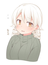 Rule 34 | 1girl, @ @, alternate hair color, bad id, bad pixiv id, blush, brown eyes, cropped torso, flying sweatdrops, green sweater, hair between eyes, hair flaps, idolmaster, idolmaster cinderella girls, looking at viewer, morikubo nono, parted lips, ribbed sweater, simple background, solo, sweater, translation request, uccow, upper body, white background, white hair
