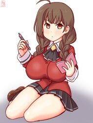 Rule 34 | 1girl, alternate costume, ascot, black ascot, black skirt, blush, braid, breasts, brown eyes, brown hair, hair ribbon, holding, holding pen, jacket, kanon (kurogane knights), kantai collection, large breasts, long hair, long sleeves, looking at viewer, notebook, pen, red jacket, red ribbon, ribbon, school uniform, shinshuu maru (kancolle), shirt, sitting, skirt, solo, twin braids, white shirt