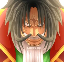 Rule 34 | 1boy, arabic commentary, black hair, clenched teeth, commentary request, facial hair, gol d. roger, hair between eyes, looking at viewer, luffy1m, male focus, mustache, one piece, short hair, smile, solo, teeth