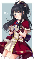Rule 34 | 1girl, bag, black hair, black ribbon, blue background, blush, border, bow, breasts, capelet, closed mouth, dot nose, dress, dress bow, fur-trimmed capelet, fur trim, gloves, gougoku, hair bow, hair ribbon, hands up, highres, holding, holding bag, idolmaster, idolmaster shiny colors, kazano hiori, kneeling, long hair, looking at viewer, mole, mole under mouth, neck ribbon, outside border, pom pom (clothes), ponytail, purple bow, purple eyes, red capelet, red dress, ribbon, small breasts, smile, solo, star (symbol), striped ribbon, thighhighs, white border, white gloves, white thighhighs