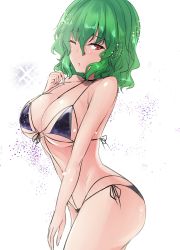 Rule 34 | 1girl, arm at side, ass, bare arms, bare shoulders, bikini, black bikini, breasts, commentary request, cowboy shot, from side, green hair, hair between eyes, hand up, highres, kazami yuuka, large breasts, layered bikini, light particles, looking at viewer, looking to the side, micro bikini, one-hour drawing challenge, one eye closed, parted lips, red eyes, shiny skin, short hair, side-tie bikini bottom, simple background, solo, standing, stomach, string bikini, swimsuit, thighs, touhou, wavy hair, white background, y2
