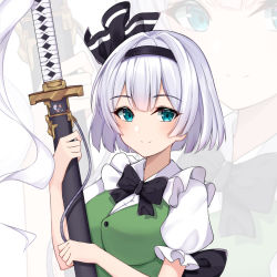 1girl, bangs, black bow, black hairband, black neckwear, black ribbon, blue eyes, bob cut, bow, bowtie, breasts, buttons, closed mouth, commentary request, eyebrows visible through hair, frills, green vest, hair ribbon, hairband, holding, holding sword, holding weapon, katana, konpaku youmu, light blush, looking at viewer, medium breasts, puffy short sleeves, puffy sleeves, ribbon, sheath, sheathed, shirt, short hair, short sleeves, silver hair, simple background, smile, solo, sword, touhou, upper body, useless (102960190014), vest, weapon, white background, white shirt, zoom layer