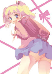 Rule 34 | 10s, 1girl, alice cartelet, ass, backpack, bag, blonde hair, blue eyes, blush, cardigan, from behind, from below, highres, kin-iro mosaic, long hair, looking back, looking down, open mouth, randoseru, school uniform, skirt, solo, thighhighs, twintails, white thighhighs, zettai ryouiki