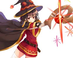 Rule 34 | 10s, 1girl, bandages, bandaged leg, bandages, belt, black gloves, brown hair, cape, dress, fingerless gloves, gloves, hat, kono subarashii sekai ni shukufuku wo!, looking at viewer, lumo 1121, megumin, outstretched arm, red dress, red eyes, short dress, short hair with long locks, simple background, smile, solo, sparkle, staff, white background, wide sleeves, witch hat