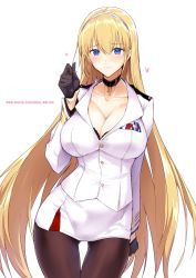 Rule 34 | 1girl, absurdres, azur lane, black gloves, blonde hair, blue eyes, blush, breasts, brown pantyhose, buttons, character name, choker, cleavage, closed mouth, collarbone, cross, cross choker, gloves, hair between eyes, hairband, halcon, hand up, heart, highres, hip focus, jacket, large breasts, long hair, long sleeves, looking at viewer, military, military uniform, miniskirt, north carolina (azur lane), pantyhose, simple background, skirt, smile, solo, thighs, uniform, very long hair, white background, white jacket, white skirt
