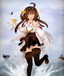 Rule 34 | 10s, 1girl, admiral (kancolle), ahoge, bespectacled, brown hair, brown thighhighs, carrier, cloud, cloudy sky, day, double bun, closed eyes, facing viewer, glasses, hair bun, hat, unworn hat, headgear, unworn headwear, kantai collection, kongou (kancolle), long hair, military, military uniform, military vehicle, nontraditional miko, ocean, open mouth, outdoors, peaked cap, pleated skirt, pulling, ribbon-trimmed sleeves, ribbon trim, running on liquid, scan, ship, skirt, sky, smile, solo, splashing, t-head admiral, thighhighs, uniform, warship, watercraft, wide sleeves, windhide, zettai ryouiki