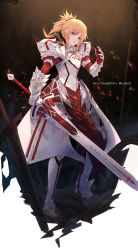 Rule 34 | 1girl, aa-aster, armor, armored dress, blonde hair, clarent (fate), fate/apocrypha, fate/grand order, fate (series), full body, green eyes, hair between eyes, highres, holding, holding sword, holding weapon, huge weapon, looking at viewer, mordred (fate), mordred (fate/apocrypha), solo, sparks, standing, sword, weapon