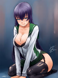 Rule 34 | 1girl, between legs, breasts squeezed together, breasts, busujima saeko, cleavage, cum, cum on body, cum on upper body, face, facial, garter straps, hand between legs, highres, highschool of the dead, large breasts, lasterk, purple hair, solo, thighhighs, torn clothes, torn thighhighs