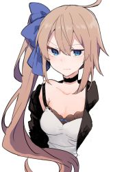 Rule 34 | 1girl, black jacket, blue bow, blue eyes, bow, breasts, brown hair, choker, cleavage, collarbone, cropped torso, fal (girls&#039; frontline), girls&#039; frontline, hair between eyes, hair bow, ikeuchi tanuma, jacket, long hair, medium breasts, open clothes, open jacket, shirt, side ponytail, simple background, sketch, solo, very long hair, white background, white shirt