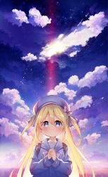 Rule 34 | 1girl, absurdres, backpack, bag, beret, blonde hair, blue eyes, blue hat, blue sailor collar, blue shirt, blush, bow, closed mouth, cloud, cloudy sky, hair between eyes, hat, hat bow, highres, horizon, long hair, long sleeves, meito (maze), ocean, original, outdoors, own hands together, puffy long sleeves, puffy sleeves, sailor collar, school uniform, serafuku, shirt, sky, solo, sunrise, two side up, upper body, very long hair, water, white bow