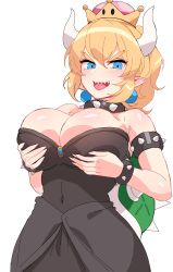Rule 34 | 1girl, absurdres, armlet, blonde hair, blue eyes, bowsette, bracelet, breast hold, breasts, crown, dress, earrings, fingernails, forked eyebrows, highres, horns, jewelry, large breasts, mario (series), ndgd, nintendo, pointy ears, sharp fingernails, sharp teeth, simple background, solo, spiked armlet, spiked bracelet, spikes, super crown, teeth, v-shaped eyebrows, white background