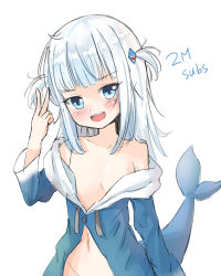 Rule 34 | 1girl, :d, bare shoulders, blue eyes, blunt bangs, blush, blush stickers, breasts, collarbone, commentary, english commentary, fins, fish tail, gawr gura, gawr gura (1st costume), hair ornament, hand up, head tilt, highres, hololive, hololive english, hood, hood down, hoodie, long hair, long sleeves, looking at viewer, messy hair, milestone celebration, naked hoodie, navel, no panties, off shoulder, open clothes, open hoodie, open mouth, out-of-frame censoring, partially unbuttoned, ray peng, shark tail, sharp teeth, silver hair, simple background, small breasts, smile, solo, tail, teeth, two side up, v, v-shaped eyebrows, virtual youtuber, white background