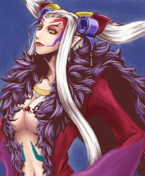 Rule 34 | 1990s (style), 1girl, black wings, breasts, cleavage, dress, elf, female focus, final fantasy, final fantasy viii, gradient background, large breasts, pointy ears, retro artstyle, solo, ultimecia, white hair, wings, yellow eyes