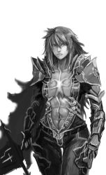 Rule 34 | 1girl, abs, armor, balmung (fate/apocrypha), cape, center opening, drawfag, fate/apocrypha, fate (series), gender request, genderswap, greyscale, highres, lips, monochrome, monochrome, navel, nose, pauldrons, scar, shoulder armor, siegfried (fate), solo, sword, weapon