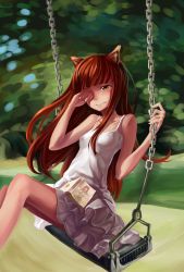 Rule 34 | 1girl, animal ears, book, brown eyes, brown hair, camisole, comic, dress, green background, highres, holo, long hair, manga (object), sitting, solo, spice and wolf, sundress, swing, swinging, wolf ears, xiamianliele