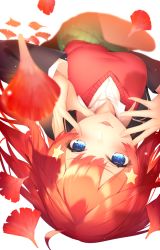 Rule 34 | 1girl, ahoge, blue eyes, blush, breasts, commentary request, go-toubun no hanayome, hair between eyes, hair ornament, hands up, large breasts, long hair, looking at viewer, lying, nakano itsuki, on back, open mouth, petals, red hair, ryuji (ikeriu), shirt, skirt, smile, solo, star (symbol), star hair ornament, white shirt