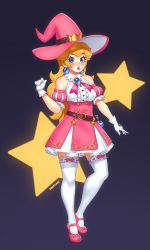 Rule 34 | 1girl, absurdres, adapted costume, alternate costume, belt, blonde hair, blue eyes, bodice, breasts, cleavage, commentary, earrings, english commentary, flask, fonteart, gem, gloves, hat, hat belt, highres, jewelry, lipstick, looking at viewer, magical girl, makeup, mario (series), nintendo, parted lips, pendant, pink footwear, pink hat, pink lips, princess peach, riz, signature, solo, star (symbol), thighhighs, white gloves, witch, witch hat