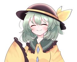Rule 34 | 1girl, black hat, blouse, blush, buttons, closed eyes, closed mouth, collared shirt, commentary request, diamond button, frilled shirt collar, frilled sleeves, frills, green hair, hat, hat ribbon, highres, komeiji koishi, long sleeves, medium hair, ribbon, shirt, simple background, sleeves past fingers, sleeves past wrists, smile, solo, touhou, upper body, waroemon, wavy hair, white background, wide sleeves, yellow ribbon, yellow shirt