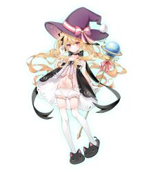 Rule 34 | 1girl, bare shoulders, black footwear, blonde hair, bloomers, blush, closed mouth, flat chest, full body, game cg, gloves, groin, hair between eyes, hat, hat ribbon, holding, holding staff, holding wand, holding weapon, little witch nobeta, long hair, looking at viewer, midriff, navel, nobeta, non-web source, official art, purple hat, red eyes, ribbon, shoes, simple background, solo, staff, standing, thighhighs, transparent background, underwear, very long hair, wand, weapon, white bloomers, white gloves, white thighhighs, witch hat