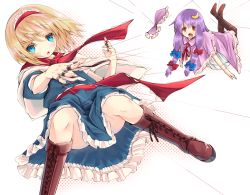 Rule 34 | 2girls, alice margatroid, aonaga heri, blonde hair, blue dress, blue eyes, boots, brown legwear, capelet, coat, crescent, cross-laced footwear, dress, female focus, hair ribbon, hairband, jewelry, knee boots, lace-up boots, lolita hairband, long hair, multiple girls, no headwear, open clothes, open coat, open mouth, pantyhose, patchouli knowledge, puppet rings, puppet strings, purple hair, red eyes, ribbon, ring, sash, short hair, short sleeves, striped clothes, striped dress, touhou, tress ribbon, very long hair