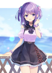 Rule 34 | 1girl, black skirt, blue sky, blurry, blurry background, bow, breasts, cloud, collared shirt, commission, day, depth of field, frilled skirt, frills, hair bow, hand up, highres, horizon, multicolored hair, ocean, original, pink bow, pink shirt, puffy short sleeves, puffy sleeves, purple bow, purple eyes, purple hair, shirai tanuki, shirt, short sleeves, skeb commission, skirt, sky, sleeveless, sleeveless shirt, small breasts, solo, twitter username, two-tone hair, water, wrist cuffs