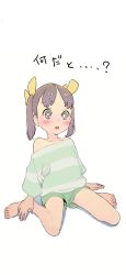 Rule 34 | 1girl, absurdres, barefoot, blush, bow, child, feet, female focus, green shirt, green shorts, hair bow, highres, open mouth, original, parted bangs, purple hair, ryo chimo, shirt, short shorts, shorts, simple background, single bare shoulder, sitting, solo, striped clothes, striped shirt, toes, twintails, wariza, white background, yellow bow