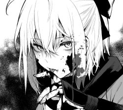 Rule 34 | 1girl, blood, blood on face, danimaru, fate (series), greyscale, koha-ace, licking, looking at viewer, monochrome, okita souji (fate), okita souji (koha-ace), portrait, scarf, short hair, solo, tongue, tongue out