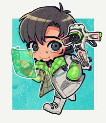 Rule 34 | 1boy, animification, apex legends, black eyes, black gloves, black hair, boots, chibi, crypto (apex legends), cyborg, drone, flying, gloves, green sleeves, hand in pocket, holographic monitor, husagin, jacket, male focus, partially fingerless gloves, pointing, science fiction, solo, white footwear, white jacket