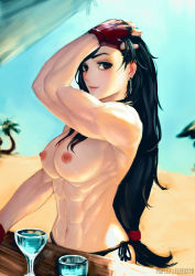 Rule 34 | 1990s (style), 1girl, abs, arnon nahlek, beach, bikini, bikini bottom only, black bikini, black hair, blue sky, breasts, brown eyes, cocktail glass, commentary, cup, day, drink, drinking glass, earrings, elee0228, female focus, final fantasy, final fantasy vii, fingerless gloves, gloves, hand in own hair, highres, jewelry, large breasts, lips, long hair, looking at viewer, low-tied long hair, muscular, muscular female, navel, nipples, nose, outdoors, red gloves, sky, smile, solo, swimsuit, tifa lockhart, toned, topfreedom, topless