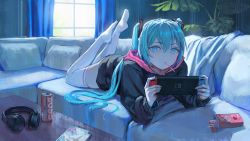 Rule 34 | 1girl, black hoodie, blue hair, blue nails, can, canned coffee, commentary request, controller, couch, curtains, drink can, feet up, food, food in mouth, full body, game controller, hatsune miku, headphones, headphones removed, highres, holding, holding controller, holding game controller, hood, hoodie, indoors, light blush, long hair, long sleeves, looking at viewer, lying, nail polish, nintendo switch, no shoes, on couch, on stomach, pink hood, plant, pocky, potted plant, solo, the pose, thighhighs, twintails, vertigris, vocaloid, white thighhighs, window