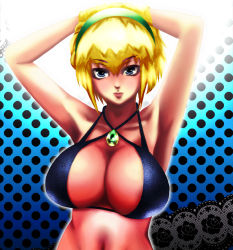 Rule 34 | 1girl, armpits, arms up, bikini, bikini top only, blonde hair, blue eyes, breasts, cleavage, eyebrows, gem, hairband, hands in hair, huge breasts, jewelry, looking at viewer, navel, original, pendant, short hair, solo, swimsuit, tzxccx