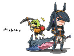 Rule 34 | 1girl, anubis (mythology), axe, breasts, capcom, cat, chibi, cleavage, cleavage cutout, clothing cutout, felyne, gypceros (armor), helmet, large breasts, melynx, monster hunter (series), panties, pickaxe, tail, thighhighs, underwear, urokozuki, weapon