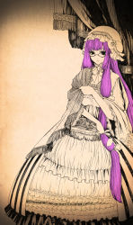 Rule 34 | 1girl, bespectacled, crescent, dress, flower, glasses, hat, kido (choushouya), long hair, monochrome, patchouli knowledge, purple hair, shawl, solo, spot color, touhou, very long hair, wide sleeves