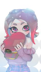 Rule 34 | 1girl, bad id, bad twitter id, bare shoulders, blush, cabbie hat, covering own mouth, hat, highres, holding, holding clothes, holding hat, kashu (hizake), light, long sleeves, looking at viewer, medium hair, nintendo, octoling, octoling girl, octoling player character, off-shoulder shirt, off shoulder, plaid, plaid skirt, purple shirt, red eyes, red hair, red hat, ribbed shirt, shirt, shirt tucked in, skirt, sleeves past wrists, solo, splatoon (series), splatoon 2, splatoon 2: octo expansion, stitches, suction cups, tentacle hair, thick eyebrows, unworn hat, unworn headwear, white background