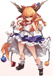 Rule 34 | 1girl, blue ribbon, blue skirt, bow, breasts, brown background, brown footwear, chain, closed mouth, fang, fang out, footwear bow, full body, gradient background, hair bow, highres, horn ornament, horn ribbon, horns, ibuki suika, karukan (monjya), long hair, looking at viewer, orange hair, red bow, red eyes, red neckwear, ribbon, ribbon-trimmed skirt, ribbon trim, shirt, shoes, simple background, skirt, sleeveless, sleeveless shirt, small breasts, smile, socks, solo, standing, tachi-e, touhou, white background, white shirt, white socks, wrist cuffs