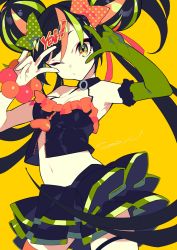 Rule 34 | 1girl, amy-chan, amy channel, arms up, bare shoulders, black hair, black skirt, bow, breasts, double v, elbow gloves, gloves, green bow, green eyes, green gloves, green hair, hair bow, highres, layered skirt, long hair, looking at viewer, medium breasts, midriff, mochizuki kei, multicolored hair, navel, one eye closed, orange bow, orange hair, polka dot, polka dot bow, shadow, simple background, single glove, skirt, solo, star (symbol), star in eye, streaked hair, symbol in eye, v, v over eye, very long hair, virtual youtuber, wrist bobbles, yellow background