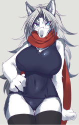 Rule 34 | 1girl, animal ear fluff, animal ears, animal nose, black thighhighs, blue eyes, body fur, breasts, claws, commentary request, copyright request, covered erect nipples, cowboy shot, furry, furry female, glasses, grey background, grey fur, grey hair, hand on own hip, large breasts, long hair, long scarf, looking at viewer, multicolored hair, red scarf, saigi, scarf, simple background, smirk, solo, streaked hair, swimsuit, thighhighs, two-tone fur, white fur, wolf, wolf ears, wolf girl
