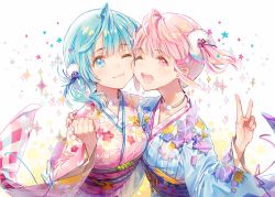 Rule 34 | 2girls, ahoge, blue eyes, blue hair, blue kimono, blush, clenched hand, dsmile, floral print, hair ornament, japanese clothes, kimono, leaning forward, light smile, lips, looking at viewer, low ponytail, multiple girls, obi, one eye closed, one side up, open mouth, original, pink eyes, pink hair, pink kimono, sash, side ponytail, upper body, wide sleeves
