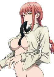 Rule 34 | 1girl, braid, breasts, chainsaw man, cleavage, cleavage cutout, clothing cutout, highres, isse, large breasts, looking at viewer, makima (chainsaw man), midriff, mouth hold, navel, necktie, no panties, no pants, red hair, shirt, stomach, white background, white shirt, yellow eyes