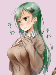 Rule 34 | 10s, 2girls, akino shuu, blush, breasts, brown hair, brown sweater, collared shirt, commentary request, green eyes, green hair, kantai collection, kumano (kancolle), large breasts, long hair, long sleeves, motion lines, multiple girls, purple background, shirt, simple background, suzuya (kancolle), sweat, white shirt