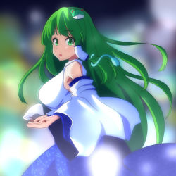 Rule 34 | 1girl, :o, asymmetrical hair, bare shoulders, blue skirt, blush, breasts, cato (monocatienus), cowboy shot, detached sleeves, frog hair ornament, from side, glowing, green eyes, green hair, hair ornament, hair tubes, holding, kochiya sanae, large breasts, long hair, long skirt, long sleeves, looking at viewer, looking to the side, matching hair/eyes, open mouth, skirt, snake hair ornament, solo, stick, touhou, very long hair, vest, white vest, wide sleeves
